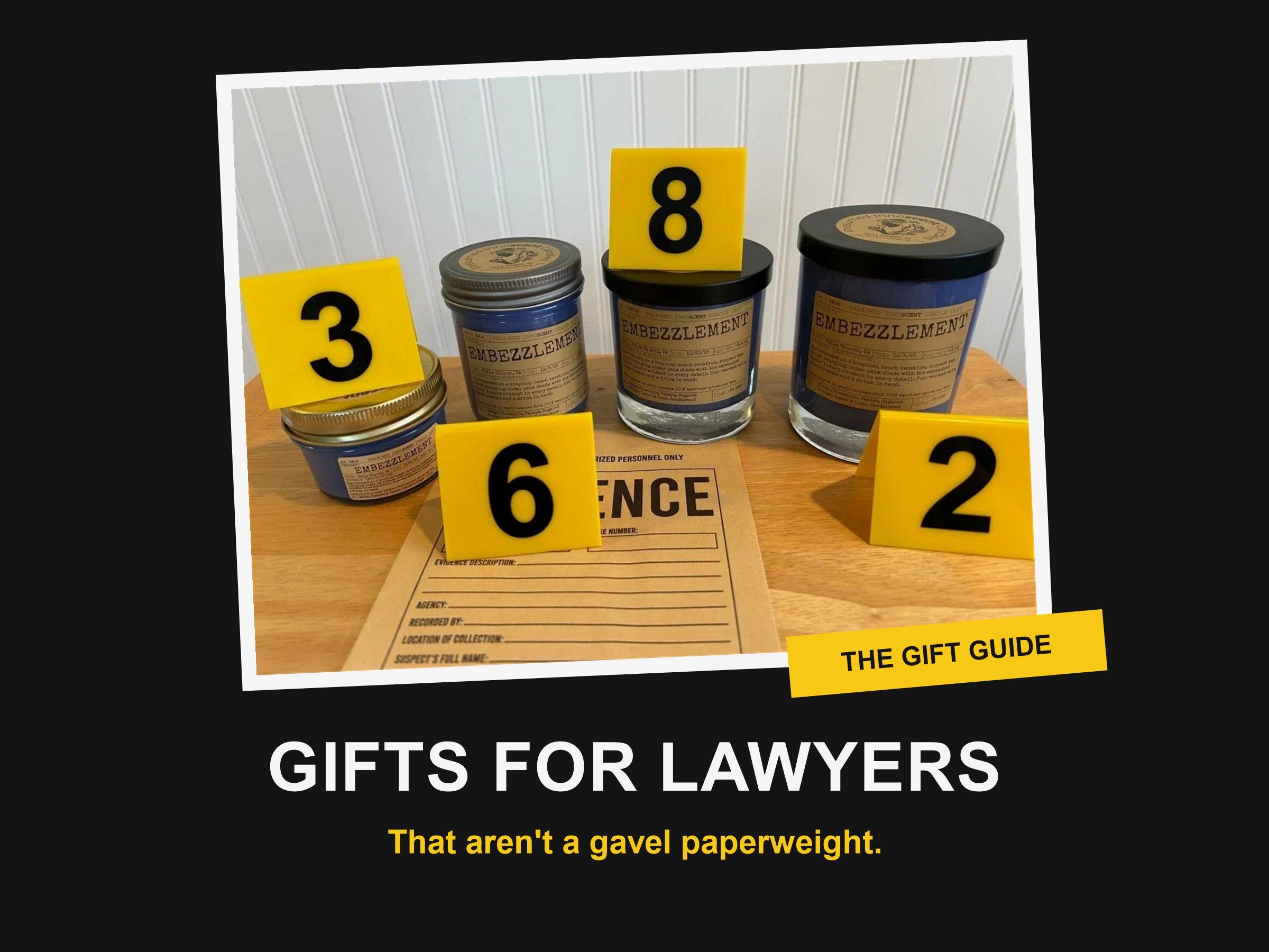 Gifts for lawyers gift guide: Embezzlement crime-themed soy candles in four sizes with evidence markers
