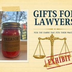 Gifts for Lawyers: Treason candle on a legal pad with an Exhibit A stamp