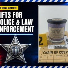 Gifts for Police and Law Enforcement: Disturbing the Peace candle with police lights and a badge