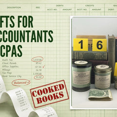 Gifts for Accountants and CPAs: Money Laundering candles on ledger paper with a Cooked Books stamp