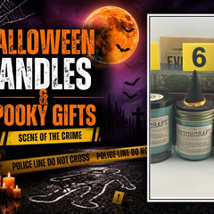 Halloween Candles and Spooky Gifts: Witchcraft candles under an orange moon with crime scene tape
