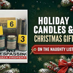 Holiday Candles and Christmas Gifts: Trespassing Fraser fir candles on a snowy evergreen background