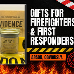 Gifts for Firefighters and First Responders: Arson candle with flames and fire line tape