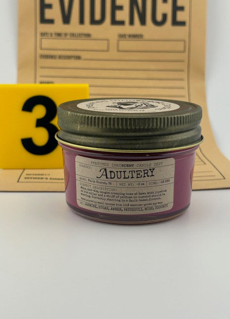 Adultery Scented Candle - Presumed InnoscentSmall | Squat Jelly Jar | 3 oz