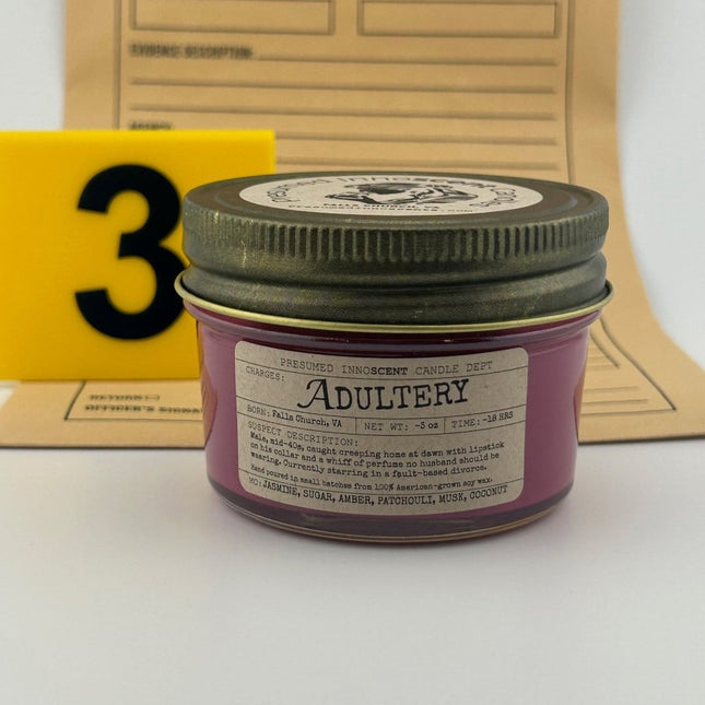 Adultery Scented Candle - Presumed InnoscentSmall | Squat Jelly Jar | 3 oz
