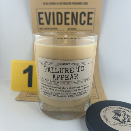 Failure to Appear Scented Candle Extra Large | Double Old Fashioned Glass | 11 oz - lid off, front view - Presumed Innoscent