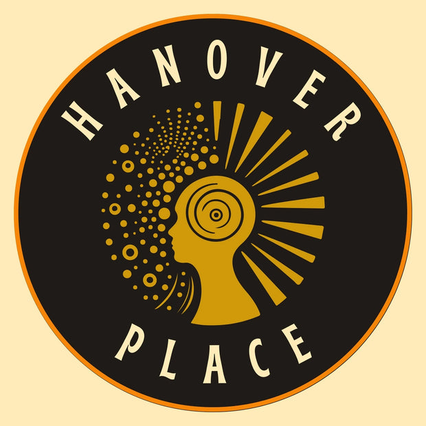 Logo for Hanover Place with a stylized head and circular design on a beige background