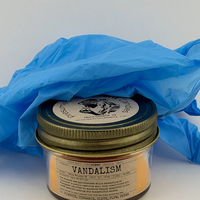 Vandalism Scented Candle - Presumed Innoscent - Small | Squat Jelly Jar | 3 oz