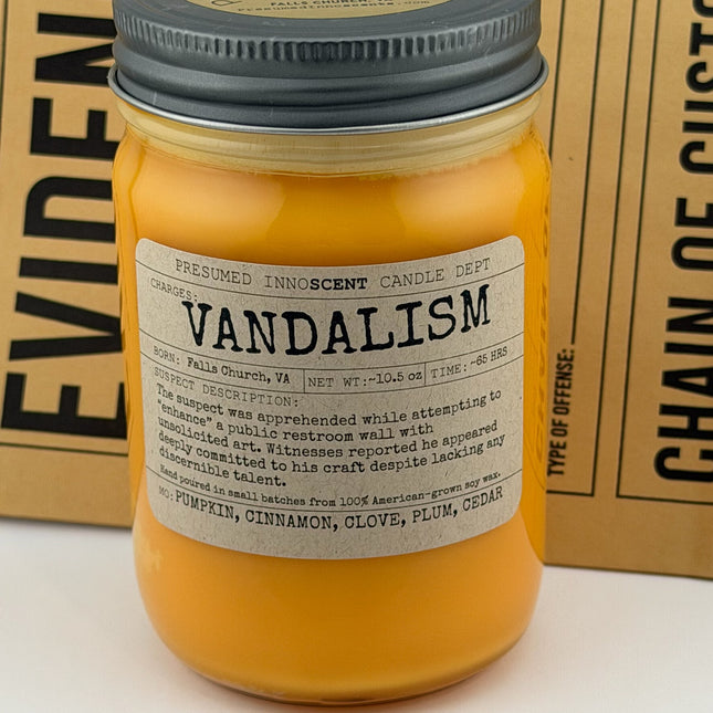 Vandalism Scented Candle Large | Mayo Jar | 10.5 oz - with evidence bag - Presumed Innoscent