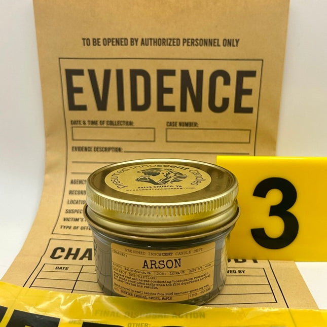 Arson Scented Candle Small | Squat Jelly Jar | 3 oz - Presumed Innoscent