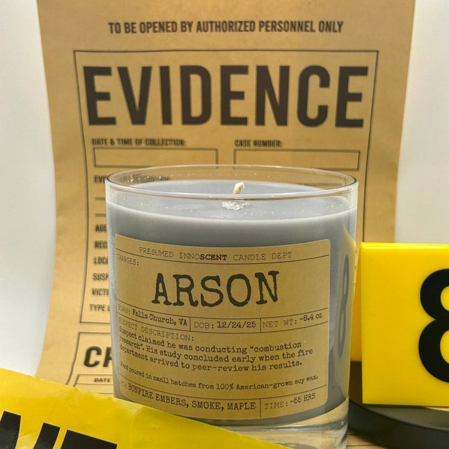 Arson Scented Candle Small | Squat Jelly Jar | 3 oz - Presumed Innoscent