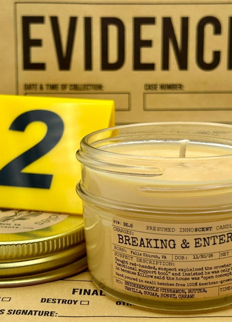 Breaking & Entering Scented Candle Small | Squat Jelly Jar | 3 oz - Presumed Innoscent