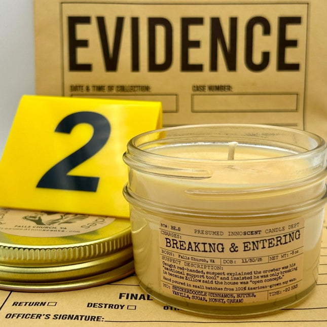 Breaking & Entering Scented Candle Small | Squat Jelly Jar | 3 oz - Presumed Innoscent