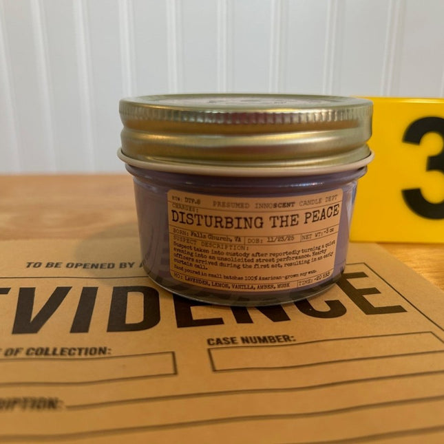 Disturbing the Peace Scented Candle Small | Squat Jelly Jar | 3 oz - Presumed Innoscent