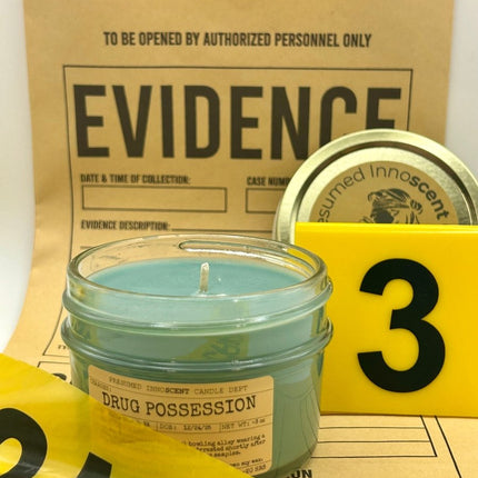 Drug Possession Scented Candle - Presumed Innoscent - Small | Squat Jelly Jar | 3 oz