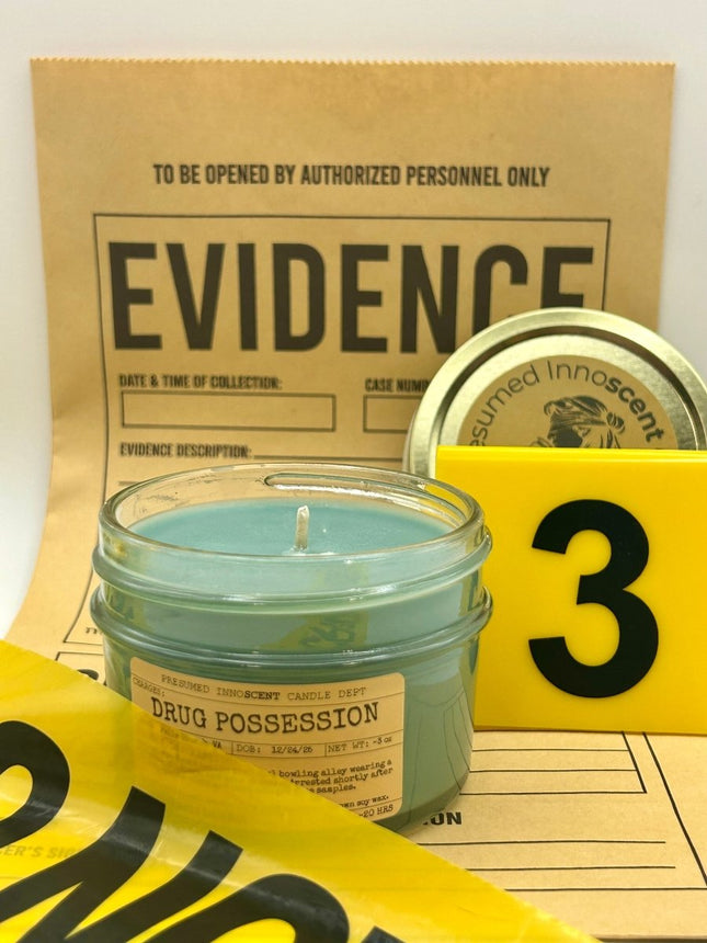 Drug Possession Scented Candle - Presumed Innoscent - Small | Squat Jelly Jar | 3 oz
