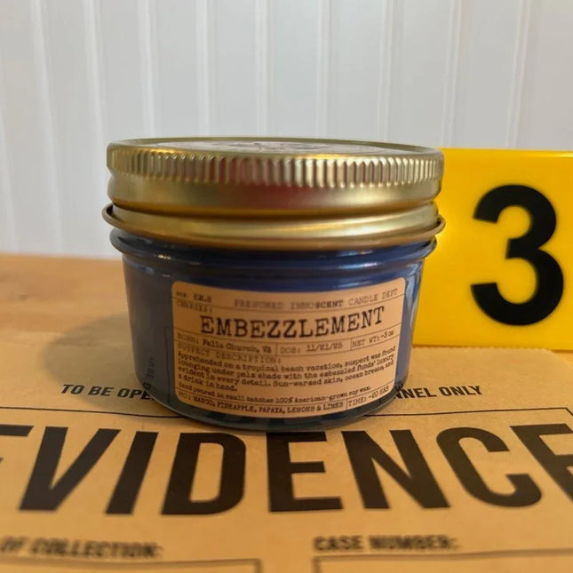 Embezzlement Scented Candle Small | Squat Jelly Jar | 3 oz - Presumed Innoscent