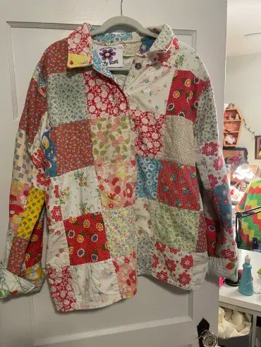 Red Patches Quilt Coat with Buttons and Pockets (XXL) - Presumed Innoscent