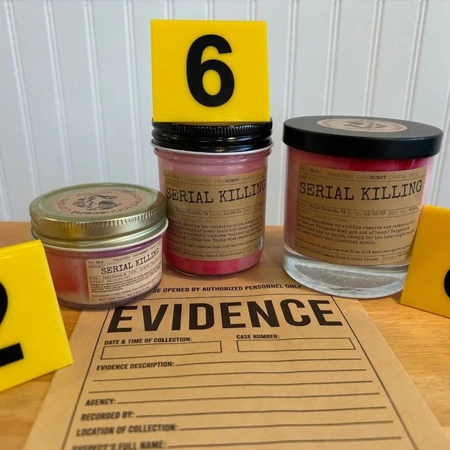 Serial Killing Scented Candle Small | Squat Jelly Jar | 3 oz - Presumed Innoscent