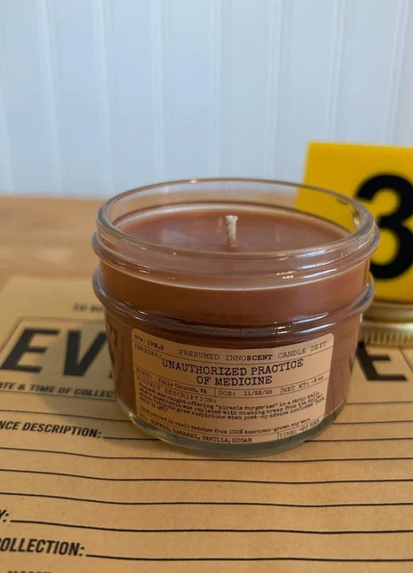 Unauthorized Practice of Medicine Scented Candle Small | Squat Jelly Jar | 3 oz - Presumed Innoscent